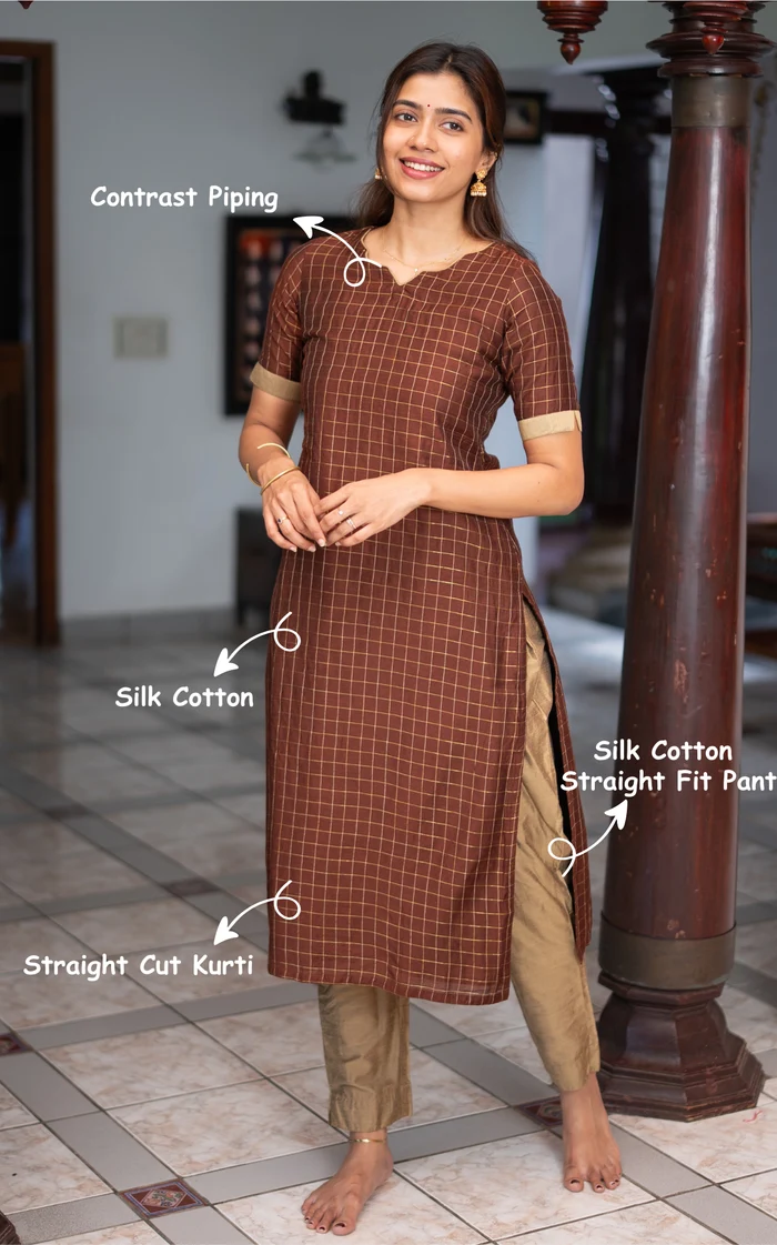 Brown with Dark Beige Checked Straight Salwar set